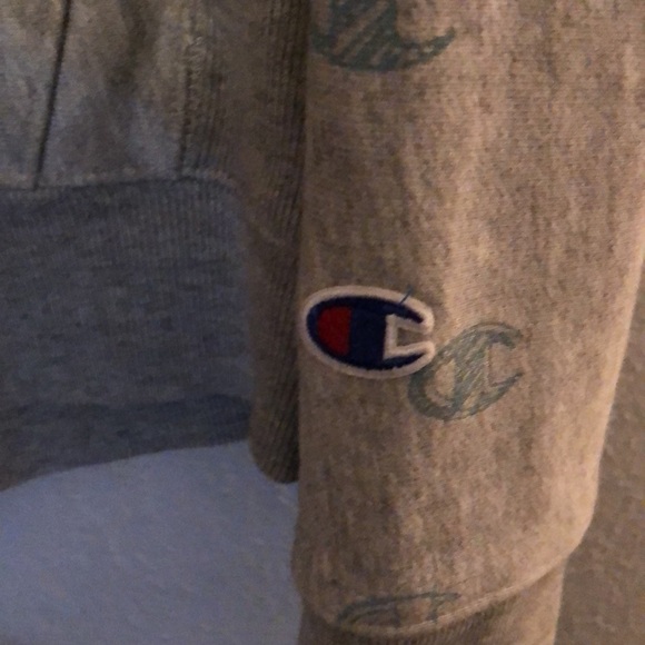 Champion Hoodie Sweatshirt M Gray Reverse Weave All Over Print Logo Y2K Vintage - Picture 3 of 5